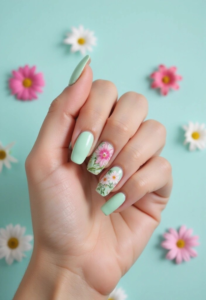 12 Pastel Spring Nail Designs That'll Make You Want to Show Off Your Hands! - 2. Mint Green with Floral Accents