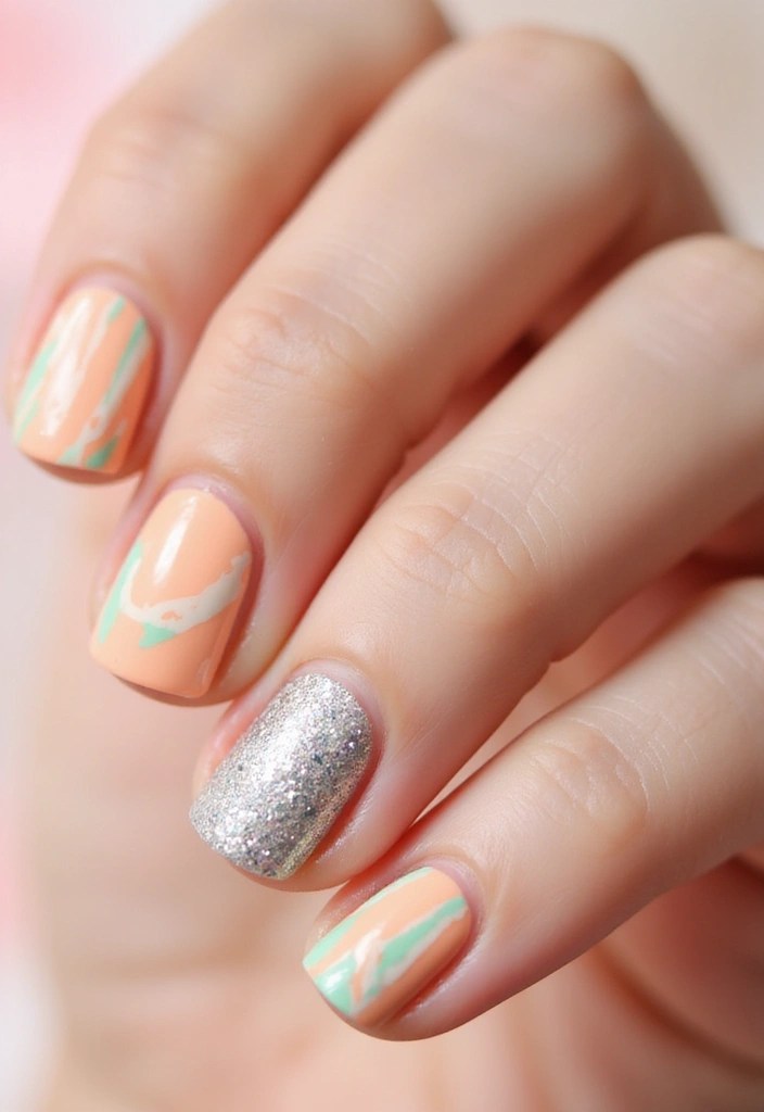12 Pastel Spring Nail Designs That'll Make You Want to Show Off Your Hands! - 6. Peach with Stripes and Glitter