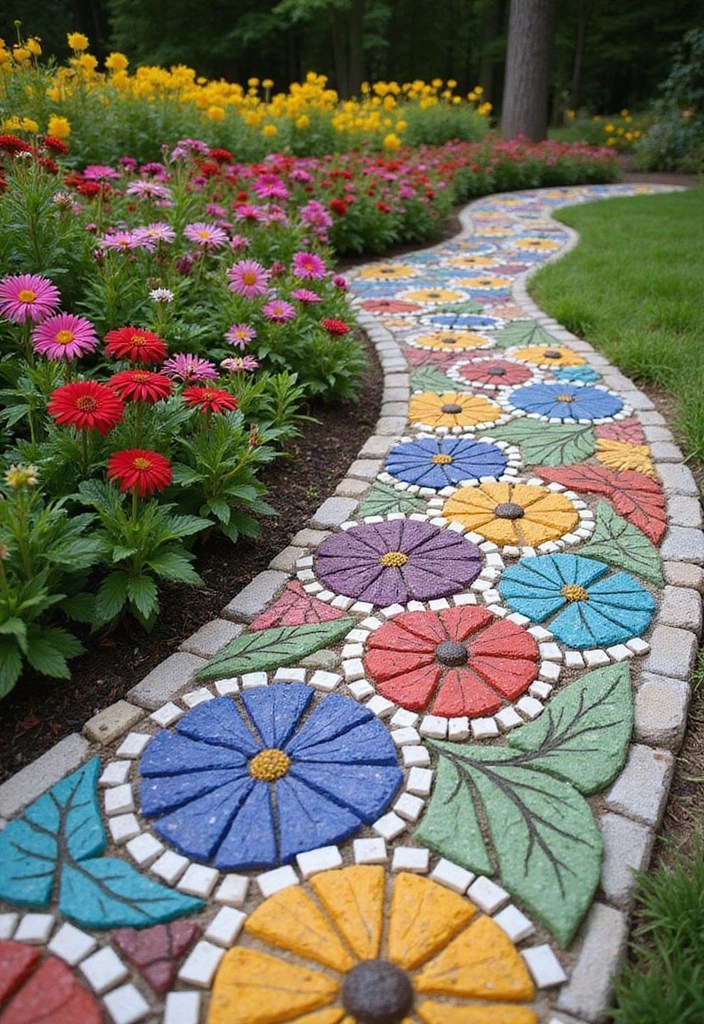 22 Unique DIY Flower Beds That Will Make Your Front Yard Stand Out! - 20. Artistic Mosaic Flower Bed