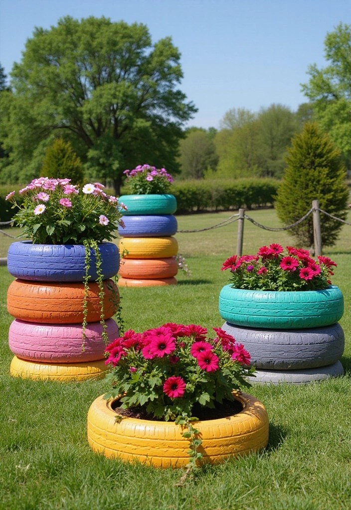 22 Unique DIY Flower Beds That Will Make Your Front Yard Stand Out! - 3. Colorful Tire Flower Bed